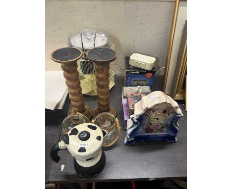 Mixed Lot: Kitchen scales, candlesticks, porcelain cased mantel clock, a Garmin Travel Assistant etc