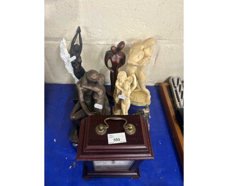 Mixed Lot: Various resin figurines, modern mantel clock etc