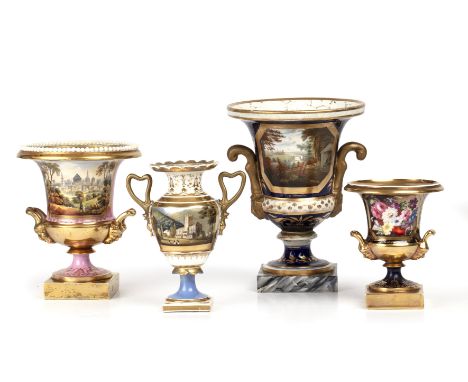 Four 19th century English porcelain campana urns to include a view of Oxford from Hinksey hill 16cm wide 19cm high a view of 