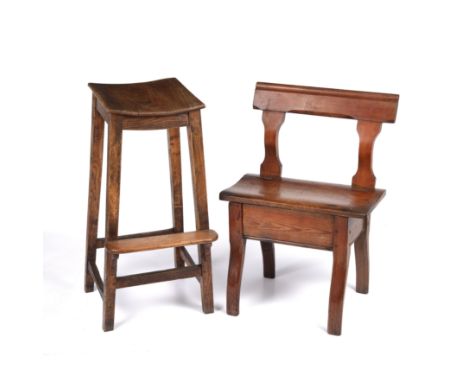 An antique elm stool with square tapering legs and a foot rest, 41cm wide x 47cm deep x 85cm high together with a 19th centur