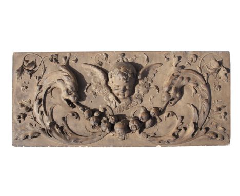 A 19th century buff terracotta architectural frieze depicting a winged cherub, a garland and classical sea creatures, numbere