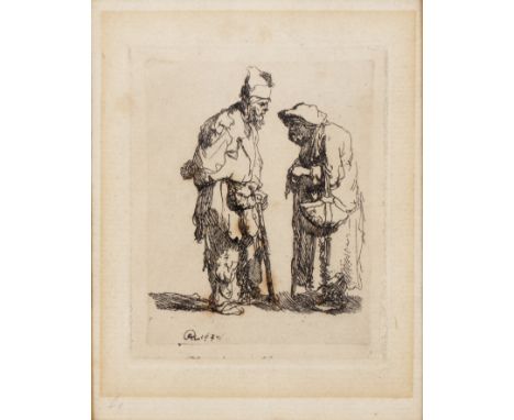 Rembrandt Van Rijn (1609-1669) Beggar man and women conversing, etching 8cm x 7cm Provenance: From an east Oxfordshire countr