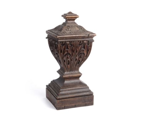 A 19th century carved oak element of urn form with acanthus decoration, 20cm wide x 47cm high Provenance: From an east Oxford