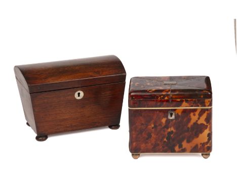 A George III tortoiseshell tea caddy 15cm wide 10cm deep 13.5cm high together with a William IV rosewood tea caddy 20cm wide 