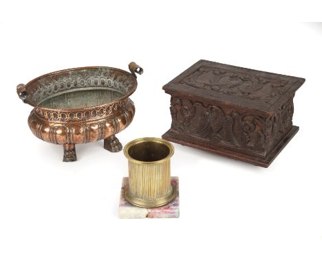 An early 20th century pressed copper jardiniere 28cm wide a brass and hardstond desk stand 13cm high and oak box 25cm high