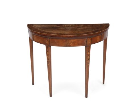 A George III walnut marquetry inlaid demi lune card table with square tapering legs, 92cm wide x 46cm deep x 75cm high Proven