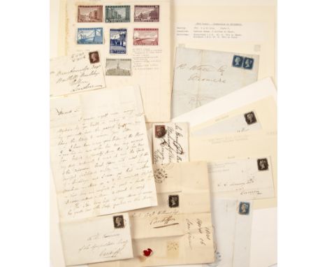 Early Victorian stamps to include a plate 10 1841 one penny black, four further one penny blacks, four 1840 two pence blue a 