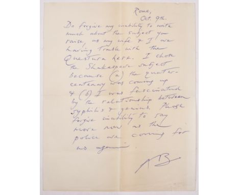 BURGESS (ANTHONY) English Writer 1917-1933 A single sidenote in blue biro dated Rome Oct 9th (1968) discussing his book 'Noth