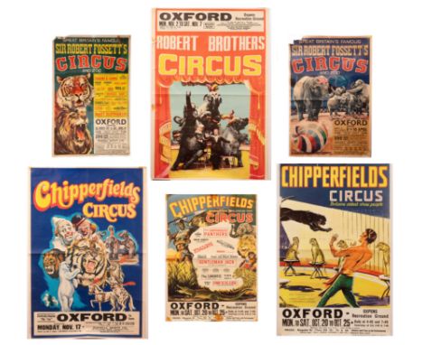 A collection of 1960s circus ephemera, poster to include Chipperfield circus at Oxford printed by W.E. Berry ltd 51cm x 75cm,