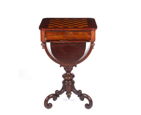 A Victorian mahogany and satinwood inlaid games table with a chessboard top, turned stem, scrolling triform base, 48cm wide x