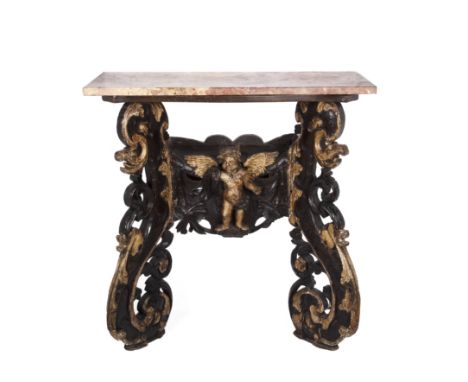 An antique Italian carved giltwood console table with scrolling dolphin and cherub decoration, with a later marble top, 80cm 