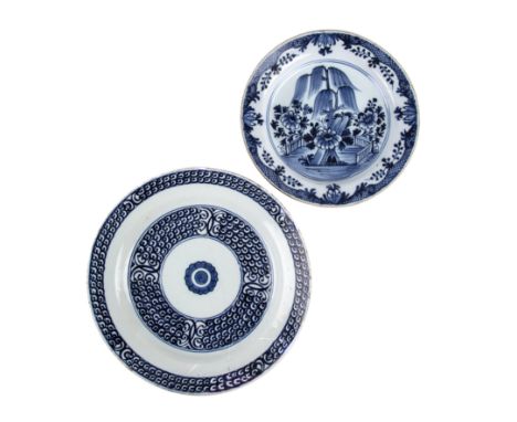 An 18th century Lambeth blue and white charger circa 1760-70 29cm diameter together with a large 18th century tin glazed char