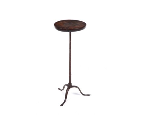 A 19th century Spanish occasional table with a fruitwood top and a wrought iron tripod base, 25.5cm diameter x 63.5cm high Pr