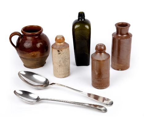 Two large silver plated spoons, one Sheffield 1853, a antique salt glazed jug 17cm high three stoneware bottles and a gin bot