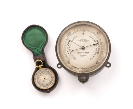 A 19th century Army and Navy gilt brass pocket barometer, the silvered dial 4.5cm diameter, cased. together with a barometer 