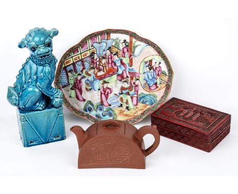 A small Chinese cinnabar box together Yixing teapot a turquoise dog of fo and a 18th century Canton polychrome dish (4)  Cant