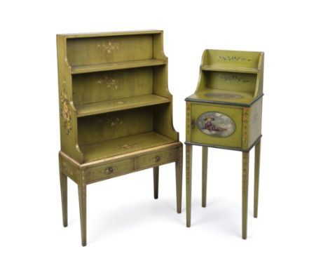 An Edwardian waterfall bookcase with green painted decoration, two small drawers and square tapering legs, 67cm wide x 29cm d