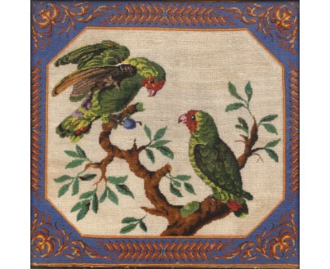 A Victorian beadwork pictures of two parrots glazed and mounted in a maplewood frame overall 41cm x 41cm together with a Vict