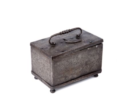 A 17th century German etched steel table casket 15cm wide 10cm deep 10cm high Provenance: Alan Winston (1930-2021) primitive 