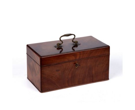 A George III mahogany tea caddy with a brass swan neck handle and three tea canisters, 26cm wide x 14cm deep x 13cm highA sma