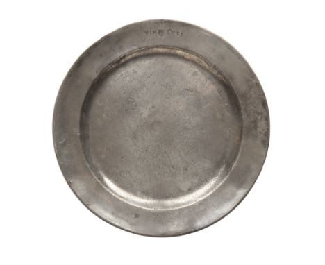 Winchester College interest, English pewter plain rim charger by Robert Waller of London, who worked from 1779. Maker’s touch