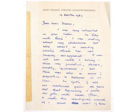 LEE (LAURIE) English Writer 1914-1997 A manuscript two side letter to Miss Steane on Slad Village, Stroud, Gloucestershire no