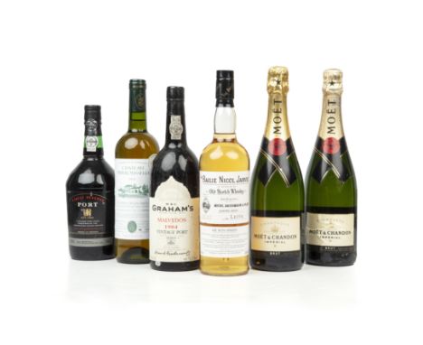 A bottle of The Bailie Nicol Jarve, old scotch whisky, a bottle of Grahams Malvedos 1984 port, two bottles of Moet brut Champ
