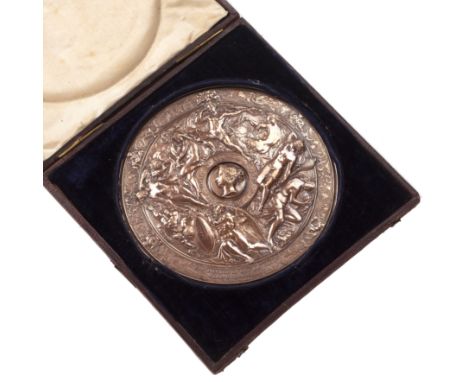 A Victorian copper national art competition prize plaque awarded to Harriette Bradford 1861 14.5cm diameter in its original f