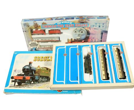 OO Gauge Train sets comprising Hornby Railways R094 James Passenger Train Set containing 2-6-0 James the red engine No.5 alon