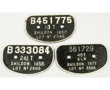 Railwayana trio of BR Wagon Plates consisting of (1) "B451775" 13T Shildon 1952 Lot No.2340. (2) "B333084" 24 1/2T Shildon 19