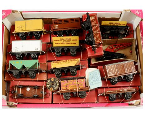 Hornby O Gauge post-war No.1 Goods Wagons consisting of LMS Flat Truck x 2, LMS Flat Truck with container, Covered Wagon, Ope