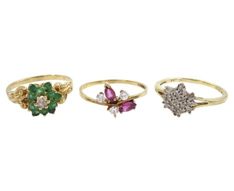 Gold baguette and round diamond dress ring, emerald and diamond cluster ring and a gold cubic zirconia ring, all 9ctCondition