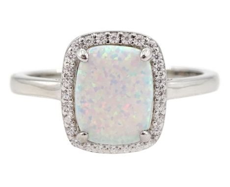 Silver opal and cubic zirconia cluster ring, stamped 925 Condition Report:Size R, good condition 