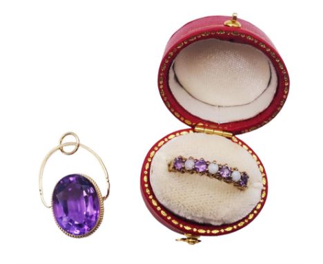 Gold seven stone amethyst and opal ring and a gold amethyst pendant, both hallmarked 9ctCondition Report:Approx 6.9gm, ring s