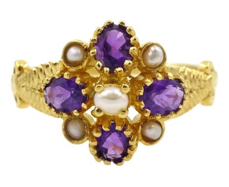 Silver-gilt amethyst and pearl flower cluster ring, stamped SilCondition Report:Size O, max head depth = 12mm, good condition