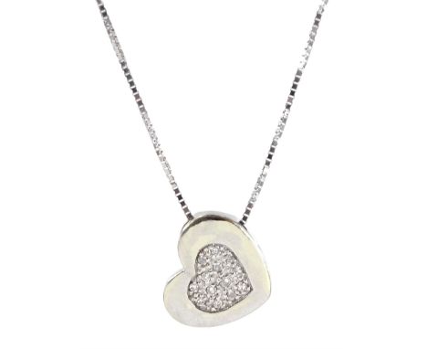 9ct white gold pave set diamond heart pendant, on 18ct white gold box link chain necklaceCondition Report:9ct approx 1.15gm, 