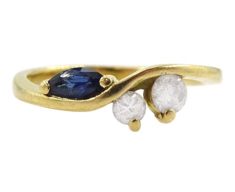 18ct gold three stone marquise cut sapphire and round brilliant cut diamond ring, stamped 750Condition Report:Approx 2.25gm, 