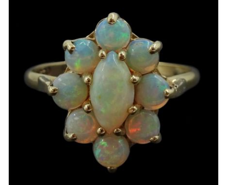 9ct gold opal marquise shaped cluster ring, London import marks 1982Condition Report:Approx 2.75gm, size O-P, head = 16mm x 1