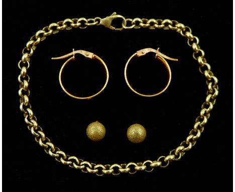 Pair of rose gold hoop earrings, gold belcher link bracelet and one other pair of gold stud earrings, all 9ctCondition Report