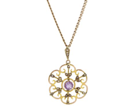 Edwardian amethyst and seed pearl pendant, stamped 9ct, on later flattened link chain necklaceCondition Report:Approx 8.9gm, 