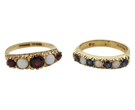 Gold seven stone opal and sapphire ring and a gold five stone opal and garnet ring, both hallmarked 9ctCondition Report:Appro