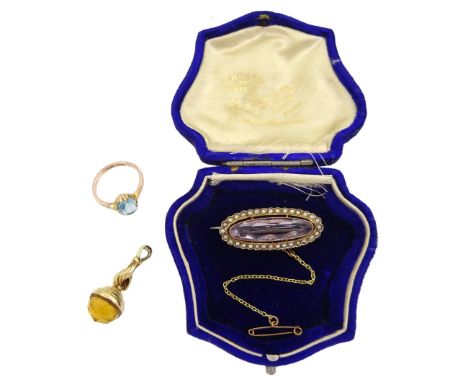 Early 20th century 9ct gold oval amethyst and seed pearl brooch, Chester 1912, 18ct gold yellow foil back paste stone set pen