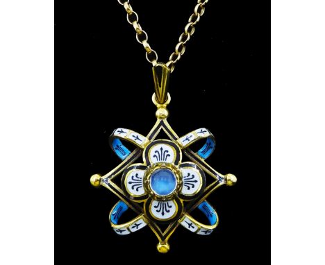9ct gold moonstone and white, black and blue enamel pendant, London 1979, on 9ct gold belcher link chain necklaceCondition Re