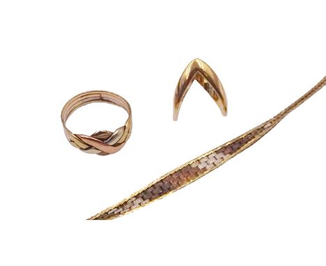 Gold wishbone ring, gold tri-coloured bracelet and a gold tri-coloured knot ring, all hallmarked 9ctCondition Report:Approx 1