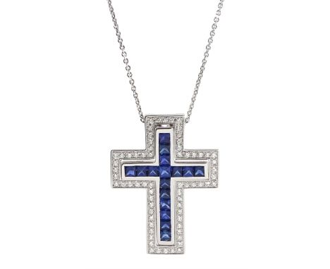 18ct white gold princess cut sapphire and round brilliant cut diamond cross pendant, hallmarked, total sapphire weight approx