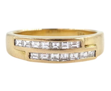 18ct gold channel set two row princess cut diamond ring, stamped 750Condition Report:Approx 3.7gm, size J-K, max depth = 4.5m