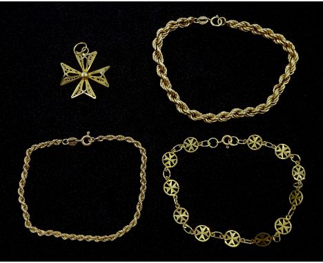 Gold Maltese cross pendant and bracelet and two rope twist bracelets, all 9ctCondition Report:Approx 7.85gm