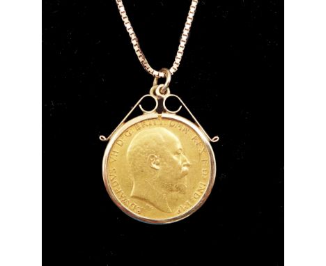 King Edward VII 1906 gold half sovereign coin, loose mounted in gold pendant, on gold box link chain necklace, both 9ctCondit