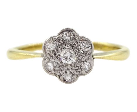 Gold diamond flower cluster ring, stamped 18ct PTCondition Report:Approx 2.27gm, size N-O, head = 8.1mm