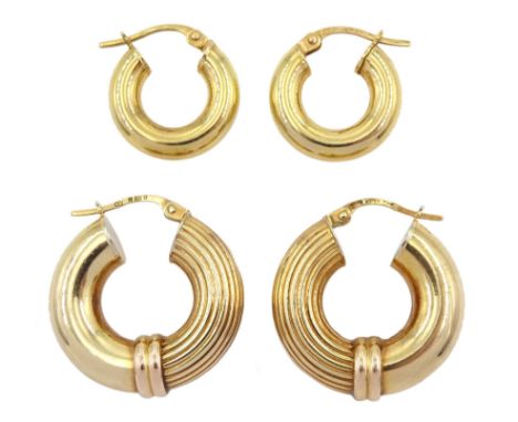 Pair of 9ct gold hoop earrings and one other smaller pair of 9ct gold hoop earrings, both stamped 375Condition Report:Approx 
